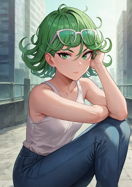 score_8_up, score_7_up, score_6_up, score_5_up, score_4_up, anime screenshot, looking at viewer, upper body,
<lora:Tatsumaki (Autism SDXL)-000007:0.7> 1girl, tatsumaki, green hair, green eyes, short hair, curly hair, thighs, looking at viewer,
white tank top, jeans, eyewear on head, 
BREAK
on floor, looking at viewer, city,