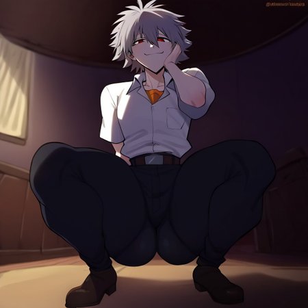 score_9, score_8_up, score_7_up, 1boy, smquanxi, masterpiece, perfect face, solo, single character, solo focus, correct anatomy,
nagisa_kaworu, grey hair, hair between eyes, red eyes, femboy, white dress shirt, orange under shirt, tucked dress shirt, black jeans, undone belt, skin tight pants, slim waist, tall, thick male, thick thighs, dough ass, emotionless smile, natural lighting, sitting, indoors, ((from below, from side,)) Expressiveh, Expressiveh, yamathegod style, smug, Russian squat, squatting, thigh squish, squatting on floor, front focus,