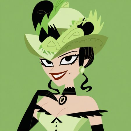 score_9, masterpiece, 1girl, Solo, female focus, Josephine_SJ, light skin, black hair, hairstyle elegant in high bun, black eyes, red lips, long eyelashes, small black mole on cheek, small light green earrings, light green hat decorated with feathers and flowers, long light green victorian dress with a plunging neckline, long black gloves, black necklace with a green heart, long tight black stockings, black heels, big eyes, medium stature, standing, close-up, room background, looking at viewer, perfect eyes, face photo, detailed eyes, smile