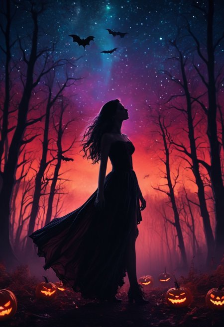 masterpiece, high quality, abstract, 1girl, vampire lady, elegant vampire clothes, centered, side view, black silhouette of a girl, (long flowy hair), flowy skirt, red bloody forest background, ((dynamic pose)), night time, dark theme, starry sky, glowing hair, cinematic, vivid colors, ((saturated neon colors)), perfect hands, anzhcdreamwave, aesthetic, Perfect Hands, aurora borealis, ((glowing halloween pumpkins)), ((bats))