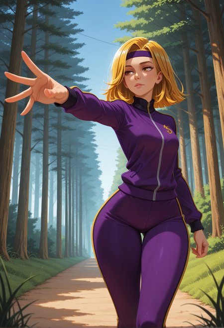 masterpiece, best quality, amazing quality, volumetric lighting, high contrast, realistic, vibrant colour, (no lineart:1.5), BREAK, 1girl, 40 years old,  
<lora:coach_greer_v2:0.7> coach_gre3r, blonde hair, headband, medium hair, purple tracksuit, slim, wide hips, mature woman
, foreshortening,
blue sky, outdoors, forest, grass,