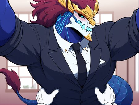 masterpiece,best quality,toraya \(doujintraya\),konya karasue,anime coloring,anime screenshot,bara,(barazoku:1.15),(muscular,big muscles,muscular male:1.1),cowboy shot,(pov,:1.1),(pov_hands:1.1),(hand on another's hip),1boy,furry male,dragon,aurelion sol,skull head,blue skin,yellow headgear,blue eyes,black sclera,(blue body markings:0.9),5 fingers,red hair,tail tuft,big muscles,<lora:aurelion sol_noob_prodigy-000040:1>,butler uniform,white_shirt under clothes,black tuxedo,necktie,white gloves,headgear,
standing,blush,surprised,bedroom,window,detailed background,aurelion sol is opening his hand helplessly,spread arms,
