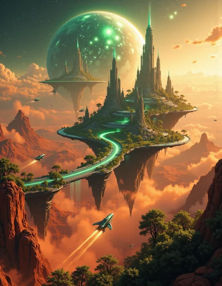 Suspended in the vast expanse of space, a mesmerizing chain of islands drifts serenely in orbit around the red planet, Mars. Each island hovers at a different altitude, their surfaces adorned with lush, emerald foliage that flourishes beneath the glimmering force fields enveloping them like protective shields. The shimmering barriers ripple like liquid light, refracting the harsh glow of distant stars and painting the sky with an ethereal iridescence.
Expansive land bridges connect these celestial wonders, their structures crafted from advanced alloys that gleam under the golden radiance of a nearby sun. Towering skyscrapers, sleek and futuristic, rise like monolithic sentinels from the dense greenery, their crystalline facades pulsing with streams of neon energy. Some seem to touch the heavens, their uppermost floors disappearing into the wisps of cosmic mist that swirl around them.
Above and below, sleek shuttles weave through the intricate pathways of this orbital oasis, descending gracefully toward the Martian surface in choreographed arcs of propulsion and light. Each craft leaves behind a faint, luminescent trail as it navigates through the shimmering force fields, vanishing into the crimson haze that blankets the planet below. The scene is a breathtaking fusion of sci-fi wonder and mystical grandeur, rendered in stunning 8K detail with the magic of Unreal Engine, Octane Render, and the unparalleled realism of ray tracing. It is a vision of a world where technology and fantasy entwine, suspended in the cosmos like an artistâs dream brought to life. <lora:Flux_Detailer_v3:0.8> Jeddtlv3 <lora:Test:0.8> n1t3_du5t