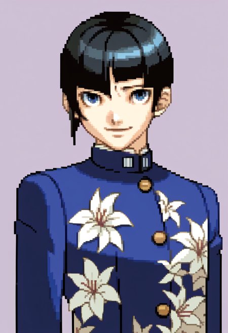 score_9, score_8_up, score_7_up, source_anime, BREAK, solo, 1boy, looking at viewer, smile, <lora:Ace-Attorney-Portraits-pdxl_Fp:1>, portrait, pixel art, simple background, upper body,  <lora:SmtV-Protag-pdxl_Fp:1>, smtvprotag, bob cut, blunt bangs, black hair, blue eyes, school uniform, blue pants, floral print, long sleeves, single sidelock, androgynous, closed mouth,