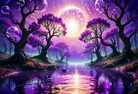 A mystical fantasy landscape filled with magical trees and bubbles lit up by sunset and purple water  <lora:sdxl\add-detail-xl> <lora:sdxl\xl_more_art-full_v1>