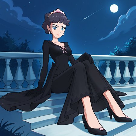 2d, 1girl, solo, sitting, night, sygdiantha, def_colors, short_hair, black_hair, blue_eyes, tiara, black_dress, black_gloves, earrings, jewelry, shoes, high_heels, black_footwear, score_9,score_8_up,score_7_up,source_anime