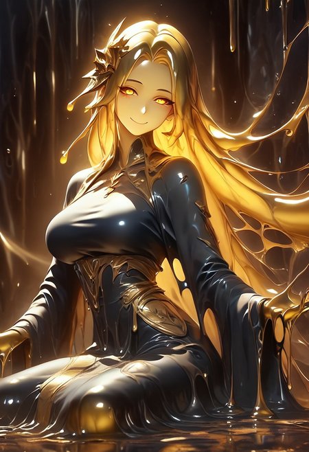 score_9, score_8_up, score_9_up, score_7_up, high quality, masterpiece, highly detailed, 1 girl, (((black slime girl))), large breasts, girl see through body. DonM5h4d0wM317XL, gold and black kimono dress, golden hair ornament, long hair, glowing golden eyes, sexy pose, dark forest background, sexy smile