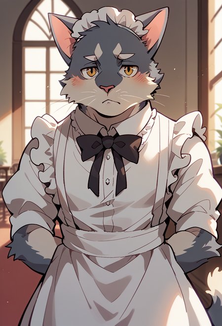 score_9, score_8_up, score_7_up, high quality, hires, by fruitz, furry, male, cat, solo, maid dress, looking at viewer, blush, inside, <lora:Fruitz_style:1.2>