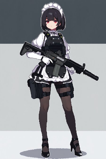 masterpiece, best quality, Pixel_Art, 1girl, solo, black tactical plate carrier, expressionless, black short hair, bob cut, maid outfit, pantyhose, black high heels, holding tactical assault rifle with both hands, white gloves, red eyes, thigh gun holster, full body, <lora:Pixel_Art:1>