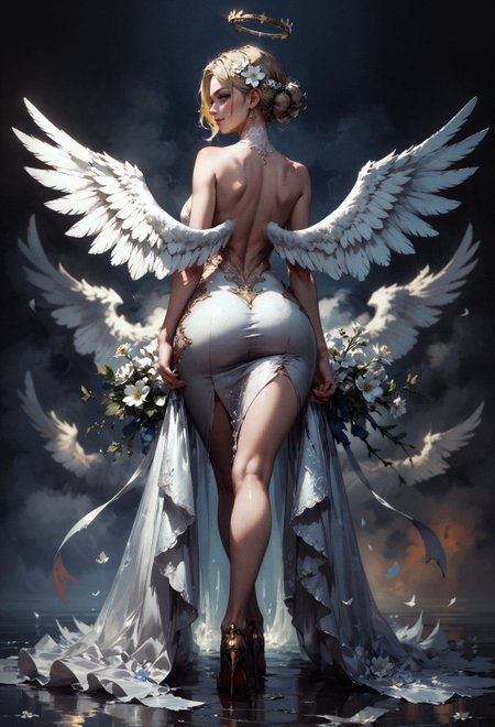 score_9, score_8_up, score_7_up, score_6_up, score_5_up, score_4_up,  1girl, curvy, white angel wings, large wings, giant wings, back view, ass, standing, looking back at viewer, large natural breasts, high heels, smirk, white flowers, white flower ornament, arching, short blonde hair, intricate fabrics, satin, velvet, (black background:1.2)