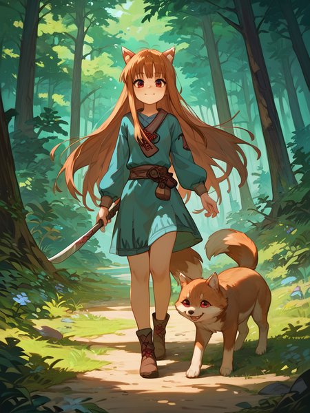 PDXL,  <lora:HoloV1:1>, h0l0, holo \(spice and wolf\), 1girl, cute face, detailed eyes,
walking through a forest