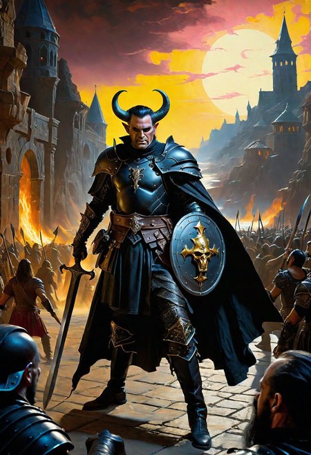 A professional 8k photograph was captured by Sid Avery's Hasselblad camera, depicting a handsome+ Tiefling general with pink++ skin and slender build during a battle+++, surrounded by goblins+, He has long+ silver++ hairs, neon yellow eyes, mysterious and ominous aura of dark shadows enveloping the figure, Lovecraftian Horror++themed, in the artistic style of Boris Vallejo+, Shadows casting an uncanny atmosphere, hints of eldritch dark energy crackling, He is dressed in a gothic black armour, high details and era-appropriate, He is wielding a magical Cutlass++ in the left hand, and he is holding a Roman shield++ is the right hand, Backdrop (background) of a focused scene of a battle, Mysterious composition, imbued with a dark, ambient 3d warm studio backlight.