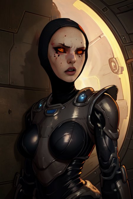 Scorpion, black armor, armored breasts,   black sclera, orange eyes,   bald cap,  upper body,   against wall,  
space ship,  oil, dim lights,  
(insanely detailed, beautiful detailed face,  masterpiece, beautiful detailed  eyes, best quality) <lora:Scorpion-09:0.7>