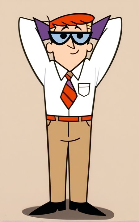 score_9, score_8_up, score_7_up, looking at viewer,  BREAK
PONYXL_STYLE_DextersLaboratory_ownwaifu,
1boy, male focus, parody, short hair, glasses, shirt, white shirt, purple gloves, pants, collared shirt, necktie, chibi,
(watson cross, arms behind head, full body), spotlight, shadow, simple background, shoes, from above, looking up,  <lora:PONYXL_STYLE_DextersLaboratory_ownwaifu:0.8> , depth of field, solo,