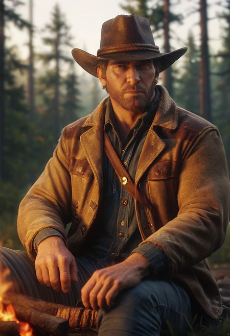 score_9, score_8_up, score_7_up, portrait, zy_arthur, 1boy, facial hair, solo, hat, manly, cowboy hat, shirt, jacket, forest, sit, campfire, western, depth of field, highly detailed, high contrast, film grain, Rim Lighting , <lora:zy_Arthur_PonyRealism_v1:0.7>