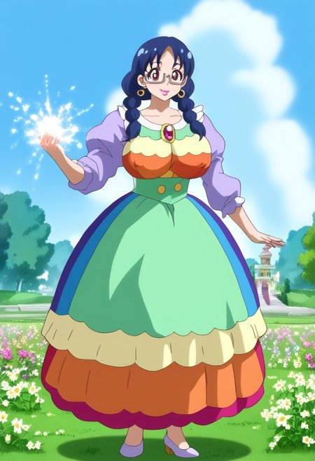 [score_9, score_8_up, score_8, score_7_up, score_6_up, score_5_up, score_4_up, source_anime, in focus + sharp focus, best quality, masterpiece, highly quality, absurdres, intricate detail + accurate details,Expressiveh,gideonscorral,by hataraki ari,nipplicious], (lusci0usgals:1.2), BREAK, 
1girl, solo + female focus, yui, kawaii, lipstick, BREAK, earrings, rainbow dress, very aesthetic, no norm, glittering, glimmering, outdoors, multicolored flowers, outdoors, field of flowers, beautiful garden, rainbow ring, full body ,rainbow splash, rainbow water, action pose, smile beam, happy, soft lighting,