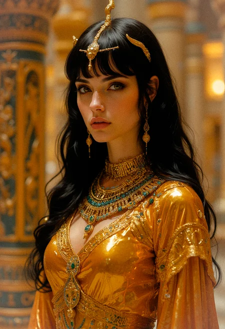 ,petite, human Egyptian vampire queen, goddess ,golden dress, snake wrapped around her body vampire fangs, ,black hair, Neferata ,evil, evil smirk, bangs, grim dark , fantasy, Warhammer, powerful, background of golden ancient Egyptian temple,night time, darkness, dim light, tiny waist, athletic, pale skin,, relaxing, , expensive jewelry, dark make up, black and gold, volumetric lighting,, beautiful face, detailed face, realistic.
<lora:Dever_Flux_Enhancer:0.5>
<lora:midjourney_whisper_flux_lora_v01:0.65> Midjourney_Whisper
<lora:Midjourney_-_SemiReal_Dreams_FLUX_LoRA:0.65>
<lora:Dreamy_Illustrations_FLUX_LoRA-000001:0.65>
