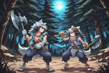 <lora:FlunkyIL:0.8> , fludef, 2boys, black hair, long hair, yellow eyes, wolf hat, wolf hood, wolf pelt, wolf tail, grey scarf, bandana around neck, necklace, tooth necklace, fur trim, blue vest, torn clothes, paw gloves, sandals, full body, wasteland, forest, mountains, exterior, night, smile, holding axe, double-sided axe, great axe, smirk, swinging axe, ((battle)), dueling, attacking, masterpiece, very aesthetic, absurdres, best quality, amazing quality, high resolution, detailed background,  <lora:illustrious_quality_modifiers_masterpieces_v1:0.8> , <lora:ChamIllustriousBackgroundEnhancer:0.5>