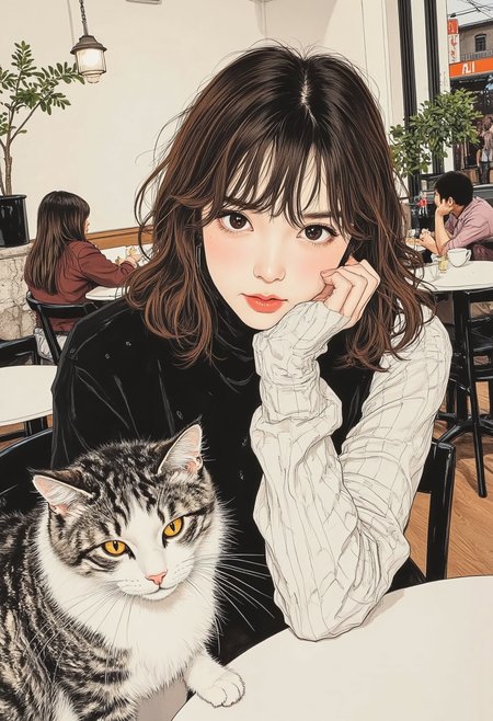 pingtu style, illustration-fen, Charming woman with rich brown hair in a messy, layered bob, soft bangs framing her playful, expressive eyes. Wearing a snug turtleneck sweater, one hand resting on her cheek as she leans on a café table, a curious cat perched on the chair beside her. Background: Cozy indoor café with blurred figures, warm ambient lighting, soft decorative plants, and a window showing a hint of city life.Minimalist ink illustration with color, bold, expressive linework, high-contrast black and white base with selective warm color accents, striking composition, natural movement, elegant simplicity