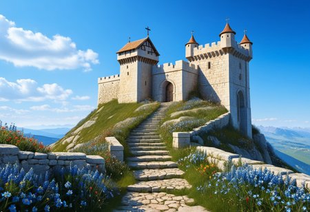a  crusader watchtower on a knoll,  (13th Century:1.5), a stairway to the watchtower, gate, doorway, very wide shot, far out shot, fantasy, blue sky, alpine meadow flowers, best quality, masterpiece, realistic, photo-realistic, amazing, finely detail, ultra-detailed, highres, extremely detailed, 8k wallpaper