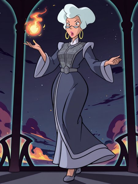 <lora:DirectorIL:0.9> d_r, 1girl, old, black eyes, grey big hair, short hair, round earrings, glasses lowered nose, pink lips,
magic, magic robe, steel armor,glowing liens, fireball, action, full body, glowing background, magic background