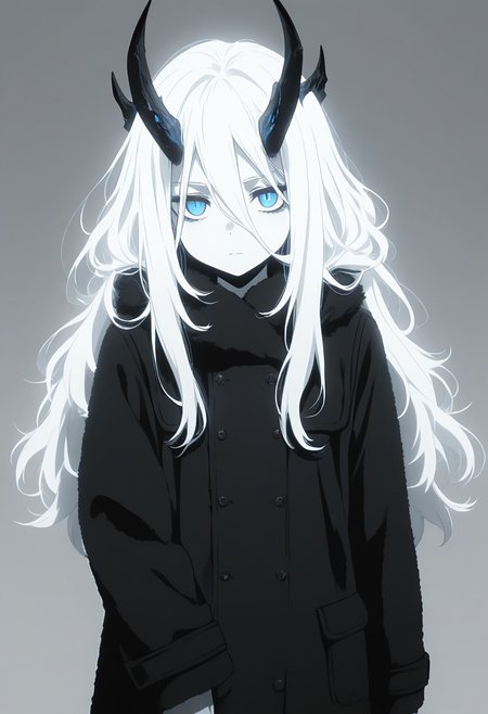 masterpiece, best quality, amazing quality, LDSCH, aesthetic, solo, 1girl, horns, long_hair, coat, blue_eyes, white_hair, monochrome, looking_at_viewer, simple_background, hair_between_eyes, long_sleeves