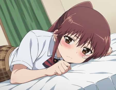 score_9, score_8_up, score_7_up, source_anime,
rikosuminoe, <lora:riko-suminoe-ova-ponyxl-lora-nochekaiser:1>,
riko suminoe, long hair, brown hair, brown eyes, ponytail, bandaid, bandaid on face, sidelocks,
skirt, shirt, school uniform, white shirt, socks, plaid, kneehighs, plaid skirt,
indoors, bed, bed room, on side, blush, drunk,
looking at viewer, dutch angle, cowboy shot,