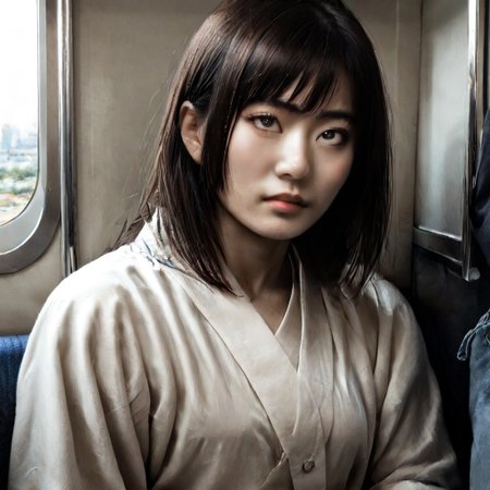 score_9, score_8_up, score_7_up, masterpiece, very high quality, japanese woman, asian face, 1 girl, high cheekbones, flat nose, very wide face, grey eyes, gray eyes, sitting, white shirt, jeans, epiCPhoto, legsonthetra1n, from front, sitting across from viewer, train interior, leg focus