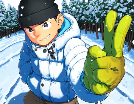 masterpiece, best quality, shounenzoom-style, 2015s, outdoors, forest, winter, snowing, trees, fisheye, foreshortening, upper body BREAK 1boy, solo, black hair, black eyes, beanie, snow jacket, pants, gloves, looking up at viewer, smirk, peace sign <lora:shounen_zoom-naixl-v7Nc-ShoAI:1>