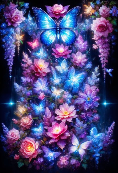 made of sparkling amethyst crystal,chinese blue wisteria and glowing blue butterflies, glowing pink and yellow butterflies against a pitch-black background Painterly,  surreal, vibrant glow, bokeh, 8k,Pink_Roses, blue_flower,pink_flower,white_flower,yellow_flower,grappe_flower,cherry blossoms,red_flower,purple_flower,back_roses,made of sparkling amethyst crystal