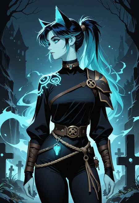 lazypos, 1girl, black with blue undertones hair, turquoise eyes, profile with dramatic lighting,  catgirl, cat ears, possessed by lust spirit, leaking fluids, arcane tattoos glowing, mystical shoulder wraps, enchanted rope belt, collar charm, arcane graveyard, tombstones glowing faintly, ghostly whispers around