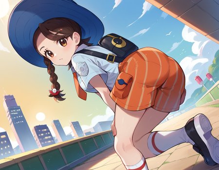 score_9, score_8_up, score_7_up, source_anime,
pokemonjuliana, <lora:pokemon-juliana-ponyxl-lora-nochekaiser:1>
pokemonjuliana, braid, brown eyes, brown hair, hair ornament, hairclip, side braid, single braid, swept bangs,
backpack, bag, black footwear, blue headwear, blue shirt, breast pocket, collared shirt, hat, kneehighs, naranja academy school uniform, necktie, orange necktie, orange shorts, pocket, school uniform, shirt, shoes, short sleeves, shorts, socks, striped, striped shorts, sun hat, white socks,
outdoors, cityscape, bent over,
looking at viewer, cowboy shot, dutch angle,