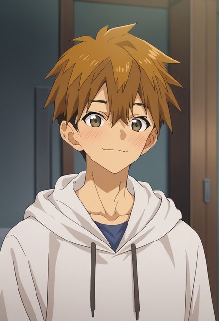 score_9, score_7_up, source_anime, 
yokoya, 1boy, male focus, solo, brown eyes, brown hair, hair between eyes, short hair, hoodie, white hoodie, hood, smile, closed mouth, blush, 
indoor,