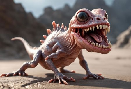 masterpiece, best quality, awsome details, smal fragile monster, skin like flesh  no nose, 3 tongues, 3 eyes, shapre long stick out teeth