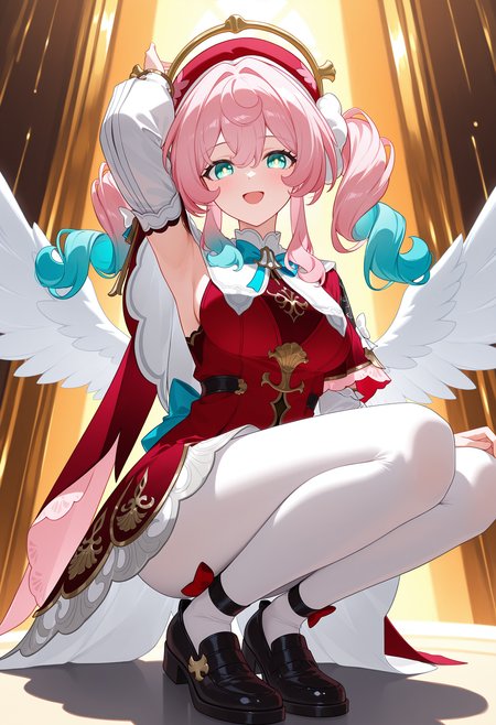 <lora:hal illustrious-1.0-000050:1>,
hyacine \(honkai: star rail\),halo,white pantyhose,solo,wings,white wings,pantyhose,red dress,squatting,angel wings,armpits,smile,red hat,looking at viewer,detached sleeves,yellow eyes,black footwear,blush,open mouth,shoes,feathered wings,long sleeves,capelet,full body,sidelocks,arm up,breasts,aqua eyes,