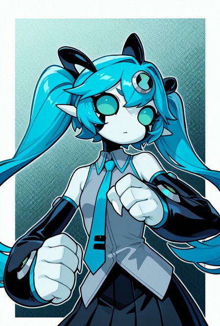 dynamic pose,  <lora:dito-08:1> dito, solo, no humans, cyan eyes, white claws, 1girl, hair, big hands, black horns,, cyan hair, blue hair, long twin tails, miku cosplay, grey shirt, black skirt, blue tie, short, sleeveless, masterpiece, best quality, amazing quality, very aesthetic, absurdres, newest,, upper body, halftone effect, white borders, abstract background:1.2,