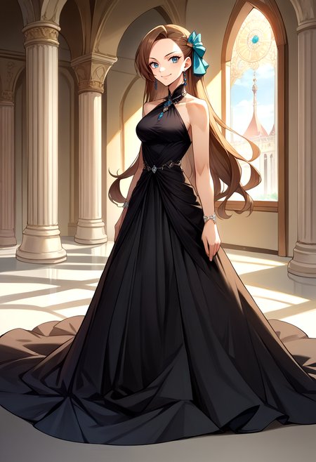 score_9, score_8_up, source_anime, 1girl, solo, KatarinaClaes, long hair, asymmetrical bangs, hair bow, elegant, long dress, black dress, halterneck, smile, indoors, palace, jewelry, standing, <lora:CHAR-KatarinaClaesPonyXL:1>
