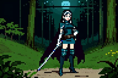 highly insanely detailed, masterpiece, top quality, best quality, highres, 4k, 8k, RAW photo, (very aesthetic, beautiful and aesthetic),  
beth_\(megami_tensei\),bethsmtii,shin megami tensei ii,long hair,black hair,straight hair,sleek black,jewelry,cross,headband,red_lipstick,messian_cross_earrings,cross_earrings,religious_earrings,messian_symbol_jewelry,white cape,cape_with_messian_symbol,Religious_cape,messian_symbol_cape,holy_knight_cape,Blue_dress,armored_corset,blue shirt,white gloves,white footwear,breastplate,belt,belt pouch,holy_knight,holy_knight_armor,long white gloves,heeled_boots,armored_heels,elbow gloves,elbow pads,thigh boots,katana,sword,Tokyo_Millennium,post-apocalyptic_city,dystopian_world,Holytown,Religious_center,church_district, 
<lora:zs_Beth:0.7>, 
(1girl:1.3), 1other, 
perspective photo of the house on clift,post-apocalypse,brutalist,brutal green covered with green grass,many people,neon light,forest,jungle atmosphere,sunset,sunshine cinematic,dark grey background,âââ