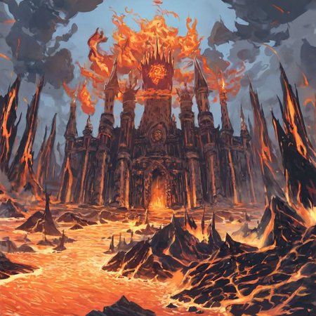 style-nebmagic, (tormented souls), craggy rocks, ((fire)), demonic, creatures, lava, volcano, castle, vivid colors, ((hyper realistic)), hopeless, despair, creepy, agony, high quality, masterpiece, score_9, score_8_up, score_7_up, score_6_up, score_5_up, score_4_up