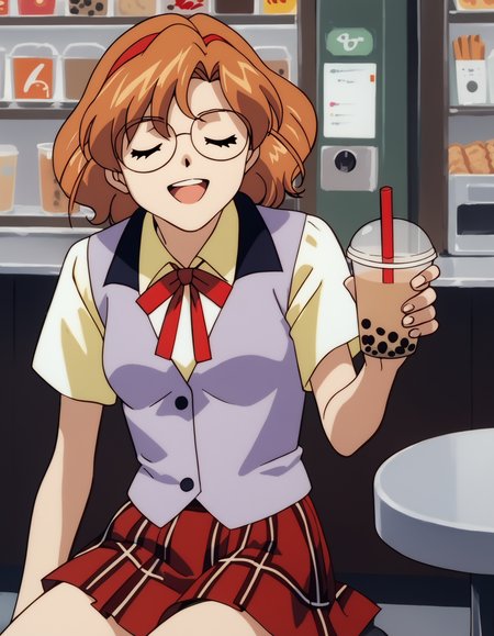 score_9,  score_8_up, score_7_up
<lora:rion-aida-ponyxl:1> a10n, round eyewear, school uniform, neck ribbon, short sleeves, pleated skirt, vest, purple vest, red skirt, plaid skirt,
1girl, solo, cafe, sitting, bubble tea, closed eyes, happy, counter