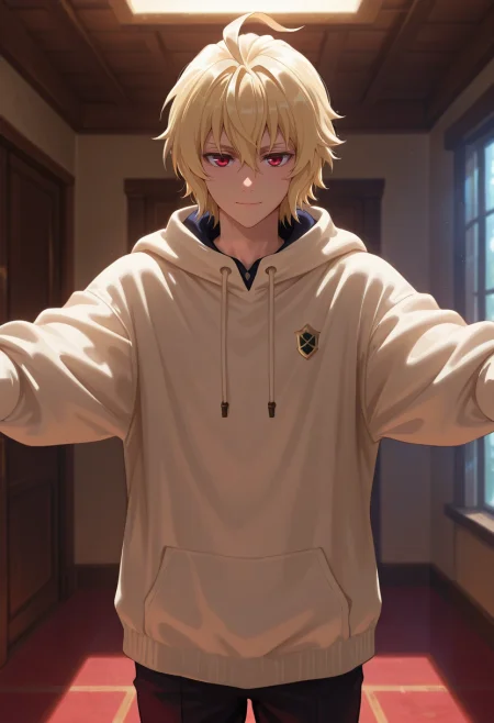 masterpiece, best quality, , (photorealistic:0.6), , 1boy, solo, male focus, <lora:mikaela_hyakuya_ilxl:0.96>, mikaela_hyakuya, blonde hair, red eyes, short hair, hair between eyes, bangs, ahoge, , cowboy shot, ayers rock, indoors, light, outstretched arms, light smile, toga costume