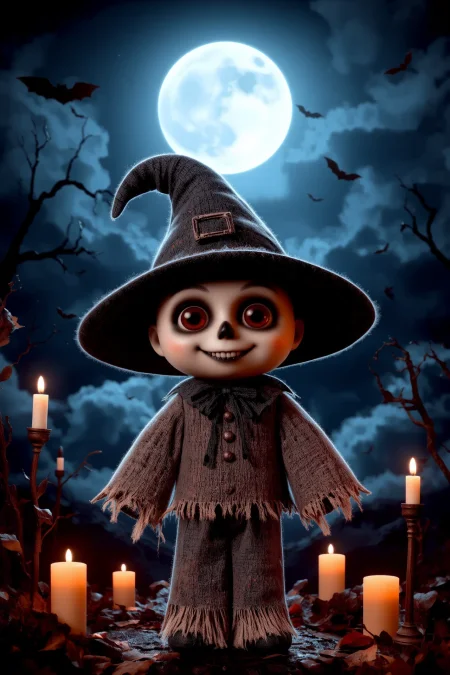 cute, halloween night, horror, (bats), moon in the sky, portrait, (standing:1.2),  happy smiling, red eyes,(very detailed), best quality,  sharp focus, Eye Brown stitched-up scarecrow attire, floating candles, vintage horror, eerie stillness before rain, soft fog-filtered light, ethereal lights, backlight, shadows, high contrast, hdr, <lora:Anti-Blur:0.8> <lora:Hand v2:0.8> Detailed hand, Hand, Perfect hand <lora:aidmaImageUpgrader:0.8> aidmaimageupgrader  <lora:PinkieChibiHalloweenFLUX:0.8> pinkchibihalloween