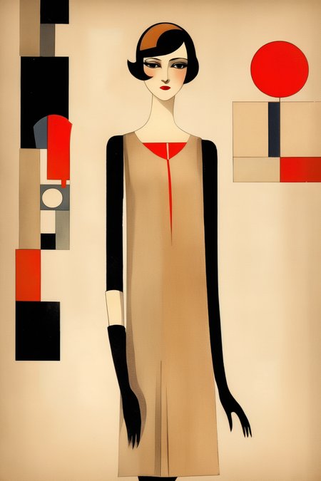 <lora:Gabriel Pacheco Style:1>Gabriel Pacheco Style - 1926 Bauhaus label, 1920s fashion design young woman, Cutout animation, illustration