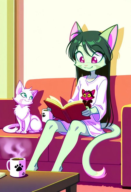score_9, score_8_up, score_7_up,lilith_calah,
1girl,solo,furry,tail,dark green hair, source_furry,
 ,<lora:lilith_calah_illustrious:0.8>,
child, kid,
 solo, living room, long  hair, , oversized  shirt, large t-shirt,  sitting, reading book, holding steaming coffee mug, relaxed smile, cute, cat, cozy,
t4kar4i_illu, no_outlines, no lineart,
masterpiece, best quality, absurdres, [dynamic pose]
