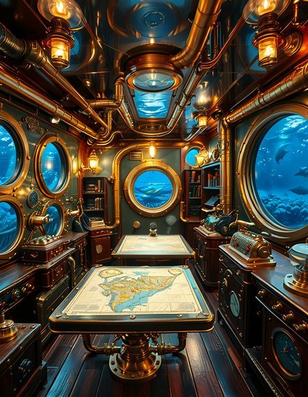 A stunning and intricate view of the interior of the Nautilus submarine, inspired by Jules Verneâs steampunk aesthetic. The room is a mix of Victorian elegance and advanced 19th-century marine engineering. The walls are lined with riveted brass and copper pipes, with intricate pressure gauges and mechanical levers. A massive, round glass porthole offers a breathtaking underwater view of deep-sea creatures swimming in the dark abyss. The warm glow of antique oil lamps and gaslights illuminates the space, casting soft golden reflections on the polished mahogany furniture and ornate brass railings. A large wooden desk is covered with old nautical charts, compasses, and a logbook filled with Captain Nemoâs notes. In the background, a library with leather-bound books and scientific instruments is neatly arranged on wooden shelves, emphasizing the scholarly and adventurous nature of the vessel. The ambiance is a perfect fusion of mystery, science fiction, and vintage maritime beauty, evoking a sense of wonder and deep-sea exploration.<lora:SDXLFaeTastic2400:0.4> <lora:extremely_detailed:0.4> extremely detailed, <lora:Nautilus_subm4r1n3:1>,Nautilus subm4r1n3, Masterpiece,best quality,hi res,8k,hi res,8k,award winning,(sharp focus, intricate, highly detailed),