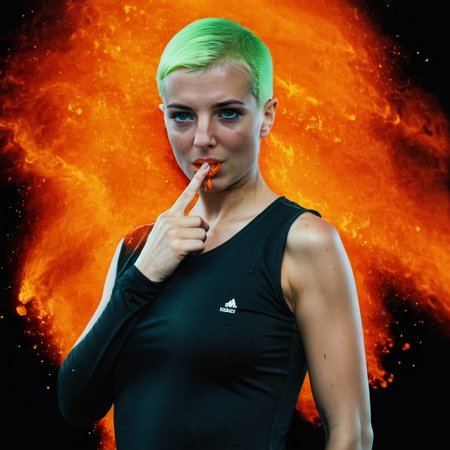 portrait of zlata with stern shush in __clothes-casual__, neon orange splash, dark background <lora:colorSplash:1> . 35mm photograph, film, bokeh, professional, shot by richard renaldi, 4k, highly detailed