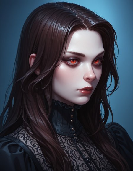 cpsle2, victorian, vampire, female, portrait, upper_body, long_hair, dark_brown_hair, black_dress, frills, high_collar, lace, gothic_lolita, detailed_fabric, elegant, pale_skin, sharp_eyes, intense_gaze, dramatic_lighting, chiaroscuro, soft_shading, detailed_shading, high_detail, high_resolution, clean_lineart, fine_lineart, intricate_detail, rich_colors, color_depth, depth_of_field, sharp_focus, realistic_lighting, painterly_rendering, dark_ambience, atmospheric, background_focus, blurred_background, vignette, centered_composition, soft_focus, dynamic_lighting, high_contrast, rim_lighting, soft_lighting, cinematic_lighting, professional_render, studio_quality, texture_rendering, <lora:4087fbd8-f385-43c3-9baa-1670c78e4d19:0.9>