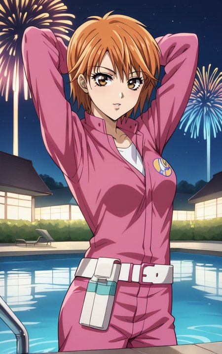 score_9, score_8_up, score_7_up, looking at viewer,  BREAK
PinkJumpSuit_KyokoMogami_ownwaifu,  
1girl, brown eyes, orange hair, short hair, eyelashes, collarbone, bangs, breasts, 
pink track suit, pink jacket, belt, long sleeves, pants, track jacket,
(contrapposto, arms behind head, aerial fireworks), wading, neon_lights, cityscape, night, pool, full moon, outdoors, <lora:PONYXL_SkipBeat_KyokoMogami_ownwaifu:0.9> , depth of field, solo,