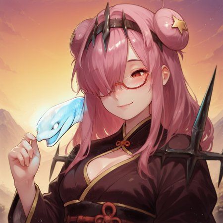 safe_pos, safe_pos, masterpiece, best quality, newest, realistic, solo, smile, blush, 1girl, upper body, standing, hand on hair, Kicho, pink hair, hair bun, double bun, hair over one eye, hair ornament, star hair ornament, hairband, red eyes, glasses, red-framed eyewear, japanese clothes, spikes, blue snake, BREAK Garden, sunset, mountainous horizon