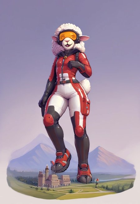 score_9, score_8_up, score_7_up, score_6_up, (source_furry), sheep, anthro, female, macro, giga, micro, androgynus, continent with micro cities, landscape dwarfing, (((a hvyflamer weapon))), full body white fireproof suit, helmet, tinted visor, (long sheep tail), scifi suit, by nommz